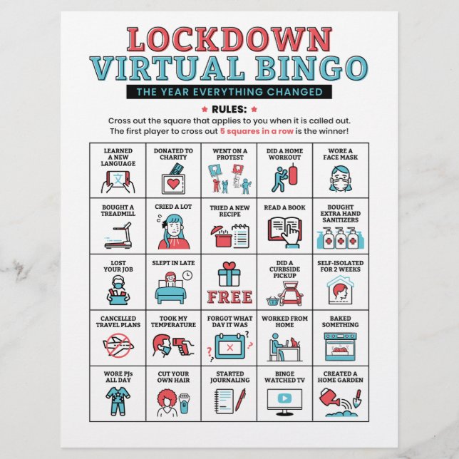 Pandemic Quarantine Bingo Lockdown Activities (Front)