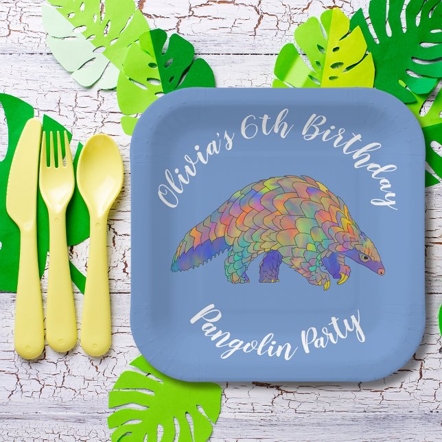 Pangolin 6th Birthday Party Blue Paper Plate (Cute pangolin 6th birthday party custom blue paper plate wildlife and nature party)