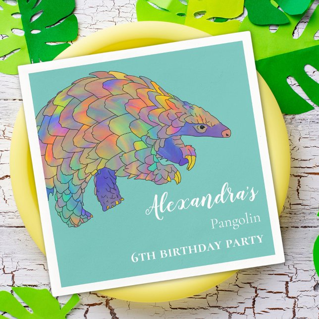 Pangolin Colourful Birthday Party Napkin (Cute pangolin colorful personalized 6th birthday party paper napkins)