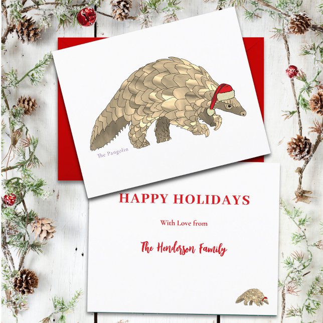 Pangolin Cute Santa Endangered Species Budget (Christmas pangolin wearing a Santa hat budget custom holiday greetings card)