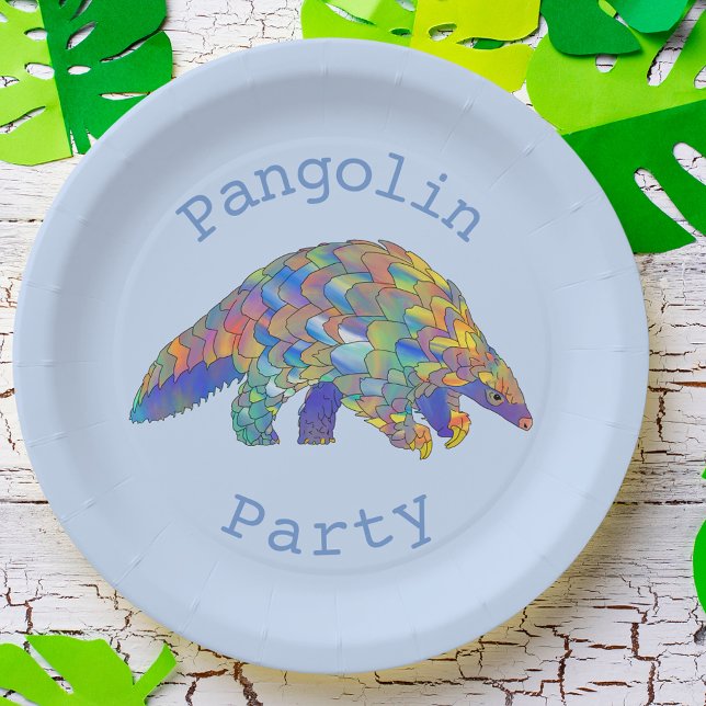 Pangolin Party Endangered Animal Activism Blue Art Paper Plate (Cute pangolin party paper plate ideal for birthdays or summer parties colorful animal art)