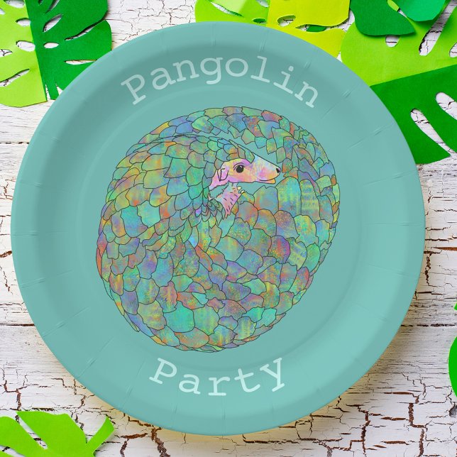 Pangolin Party Endangered Animal Activism Green Paper Plate (Cute pangolin party paper plate colorful wild animal art endangered species )