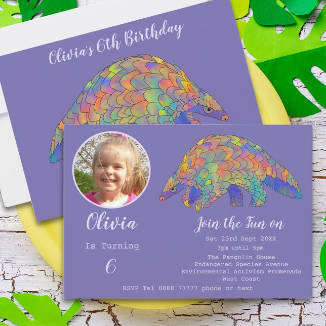 Pangolin Party Girls 6th Birthday Photo Purple  Invitation (Cute pangolin 6th birthday party purple invitation photo template colorful watercolor animal art)