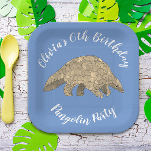 Pangolin Party Kids 6th Birthday Blue Add Name Paper Plate