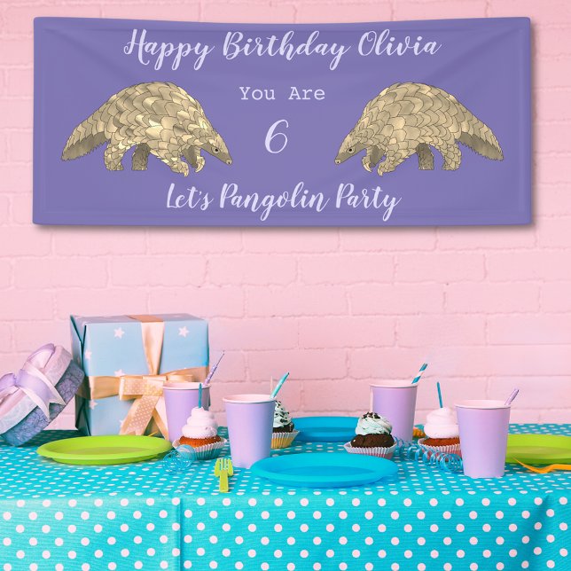 Pangolin Themed Birthday Party Purple Banner (Pangolin themed personalized 6th birthday party banner purple)