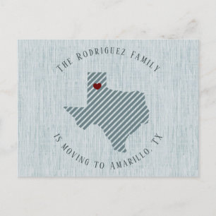 Panhandle Blue Linen and Heart Texas Moving Announcement Postcard