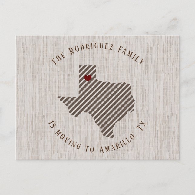 Panhandle Brown Linen and Heart Texas Moving Announcement Postcard (Front)