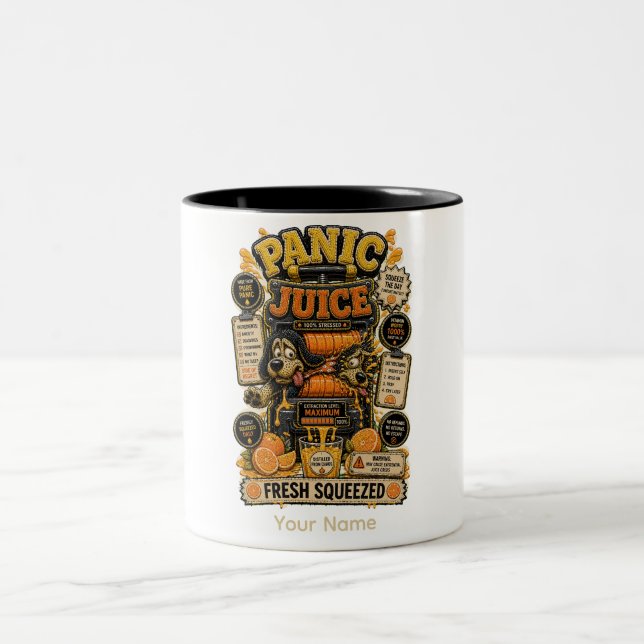 Panic Juice Fresh Squeezed Funny Spreadsheet Two-Tone Coffee Mug (Center)