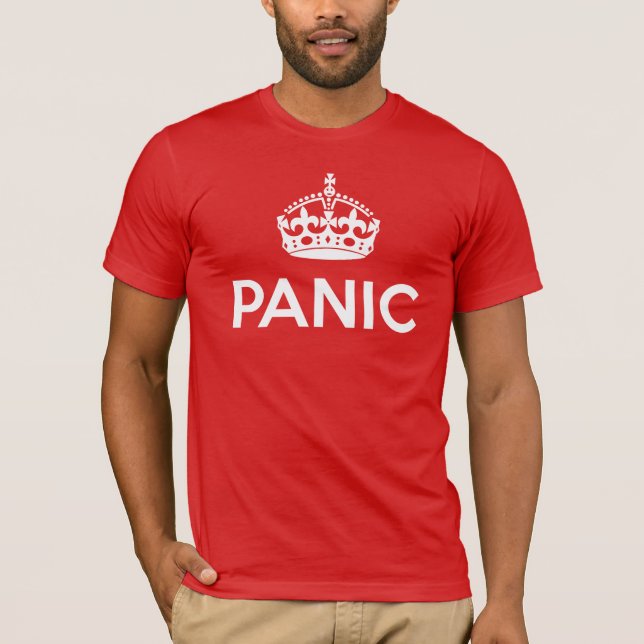 PANIC: Keep Calm and Carry On Spoof (Dark Colours) T-Shirt (Front)