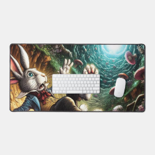 Panicked Bunny Falling Down The Rabbit Hole Desk Mat