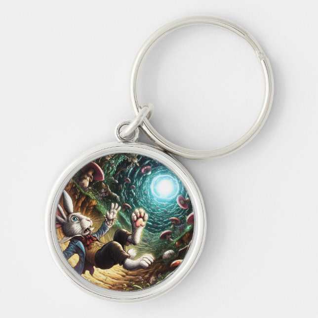 Panicked Bunny Falling Down The Rabbit Hole Key Ring (Front)