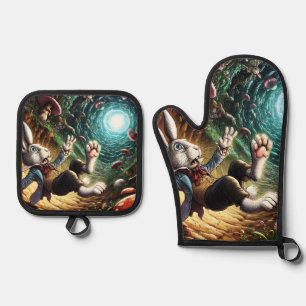Panicked Bunny Falling Down The Rabbit Hole Oven Mitt & Pot Holder Set