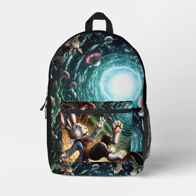 Panicked Bunny Falling Down The Rabbit Hole Printed Backpack (Front)