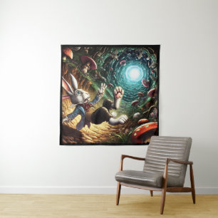 Panicked Bunny Falling Down The Rabbit Hole Tapestry
