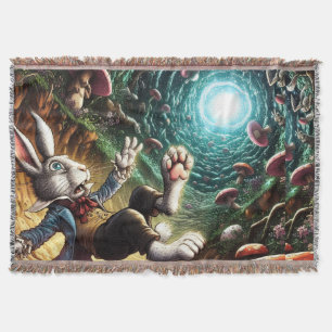 Panicked Bunny Falling Down The Rabbit Hole Throw Blanket