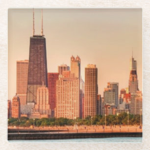 Panorama of Chicago skyline at sunrise Glass Coaster