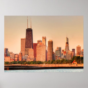 Panorama of Chicago skyline at sunrise Poster