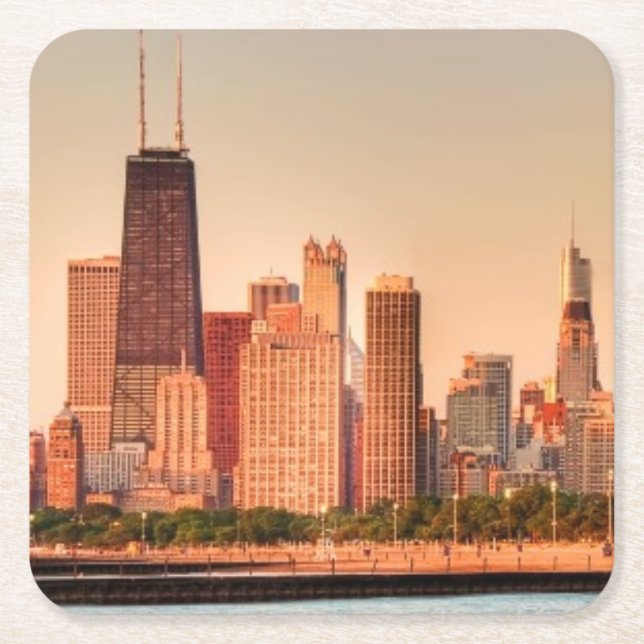 Panorama of Chicago skyline at sunrise Square Paper Coaster (Front)