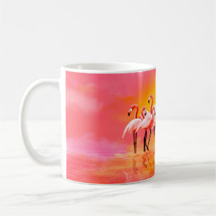 Panorama of pink flamingos on a bright pink backgr coffee mug