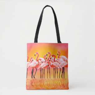 Panorama of pink flamingos on a bright pink backgr tote bag