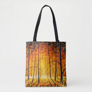 Panorama orange autumn sunny warm park alley fores tote bag