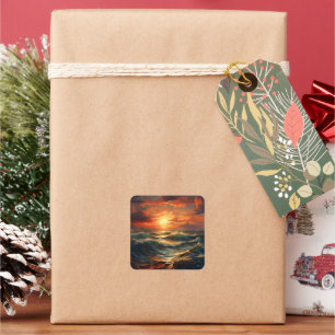 Panoramic Beach Sunset Golden Nature Glow Square Sticker