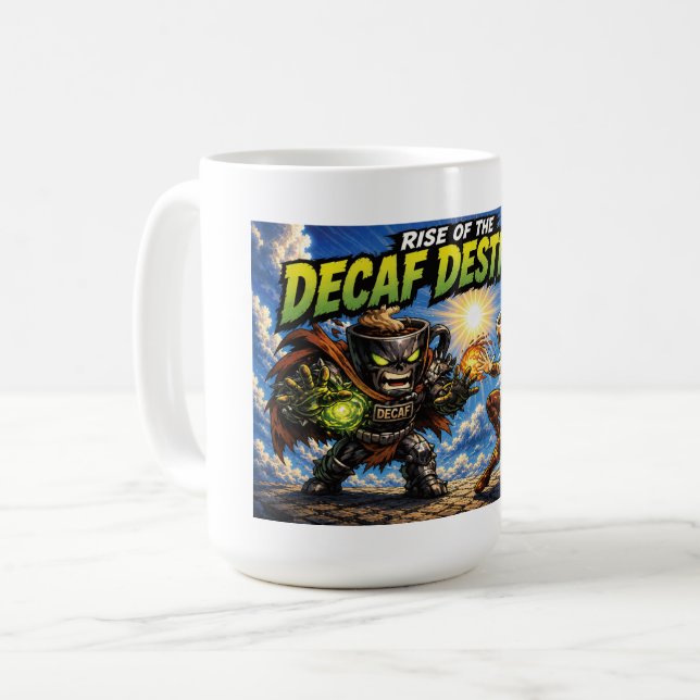 Panoramic Decaf Destroyer Coffee Superhero Comic Mug (Front Left)