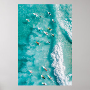 Panoramic Ocean View with Surfers Riding White Wav Poster