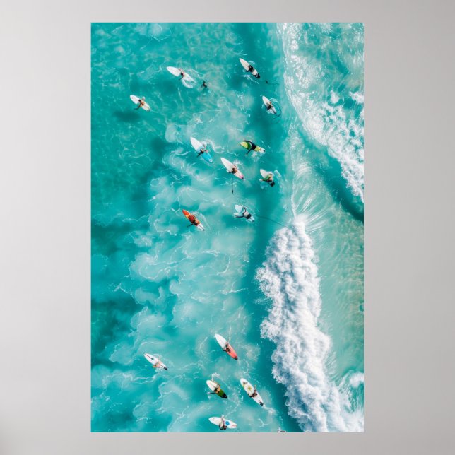 Panoramic Ocean View with Surfers Riding White Wav Poster (Front)