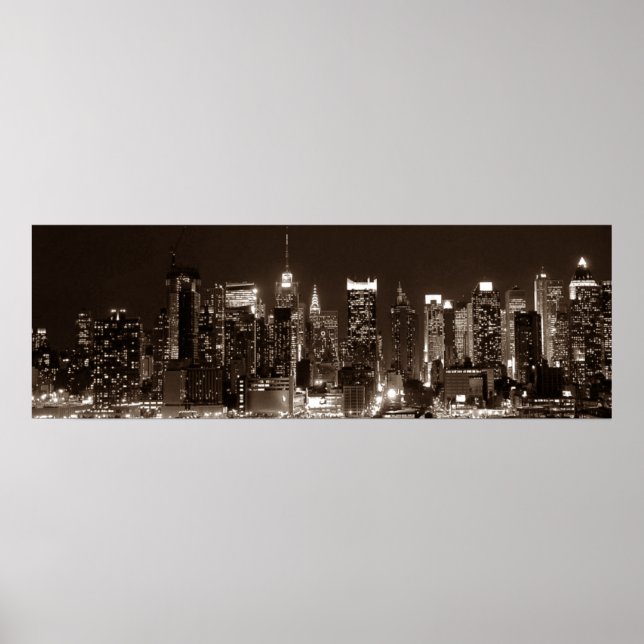 Panoramic Sepia Brown New York City Night Artwork Poster (Front)