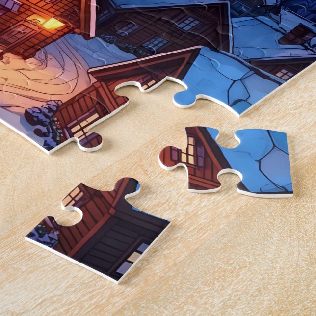 Panoramic Stained Glass Winter Village Jigsaw Puzzle (Side)