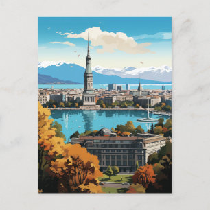 Panoramic Swiss Lakeside Cityscape Holiday Postcard