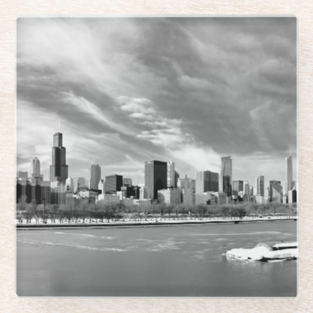 Panoramic view of Chicago skyline in winter Glass Coaster (Front)