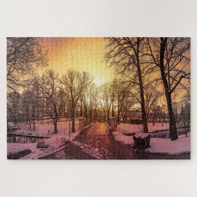 Panoramic view of snowy park during sunset in Riga Jigsaw Puzzle (Horizontal)