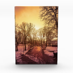 Panoramic view of snowy park during sunset in Riga Photo Block