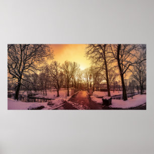 Panoramic view of snowy park during sunset in Riga Poster