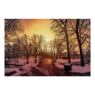 Panoramic view of snowy park during sunset in Riga Poster