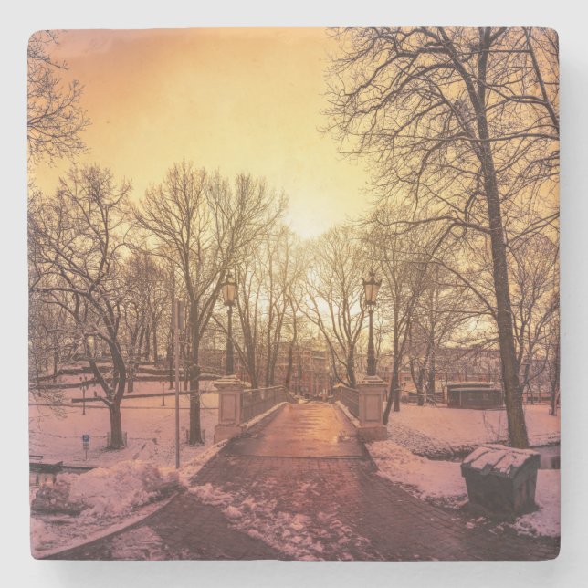 Panoramic view of snowy park during sunset in Riga Stone Coaster (Front)
