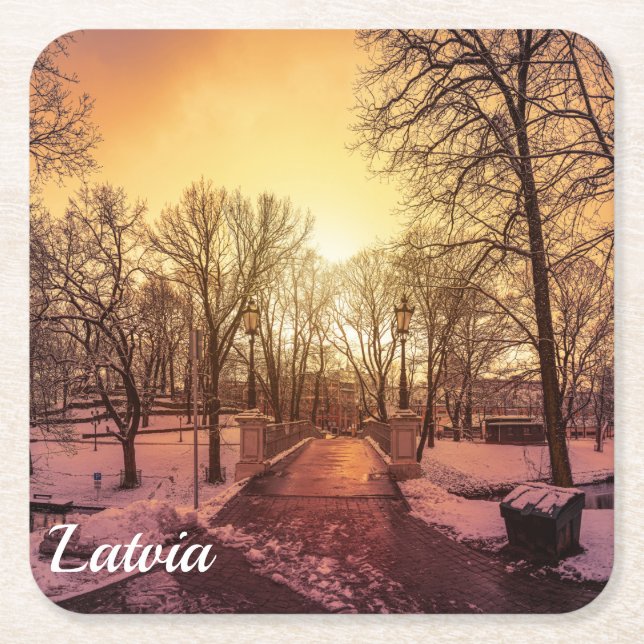 Panoramic view of snowy park during sunset square paper coaster (Front)
