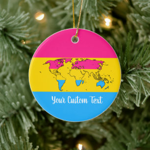 Pansexuality pride flag with a world map ceramic tree decoration