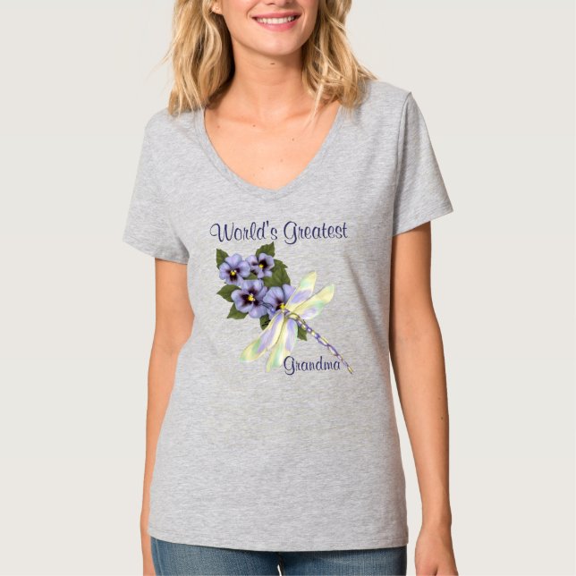 Pansies and Dragonfly T-Shirt (Front)