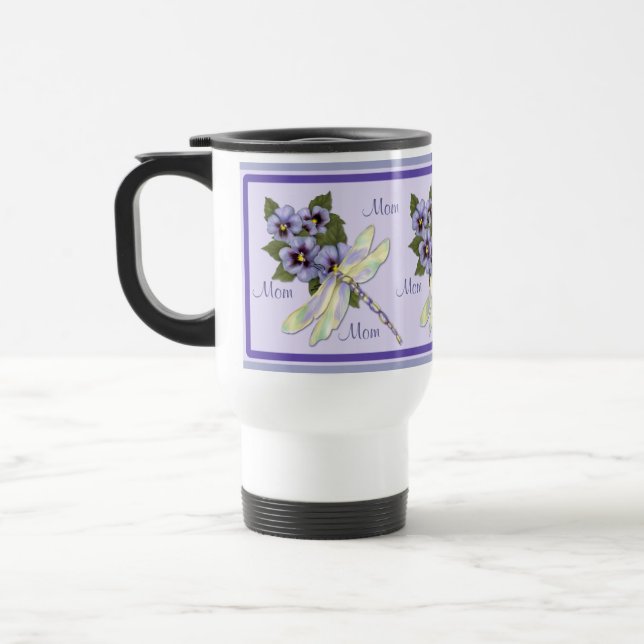 Pansies and Dragonfly Travel Mug (Left)