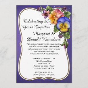 Pansies and Gold Frame on Purple 50th Anniversary Invitation