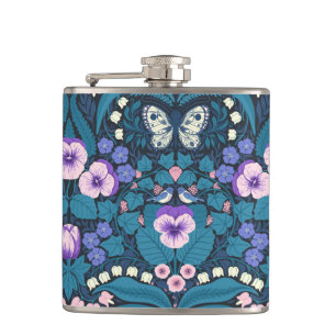 Pansies, birds and butterflies hip flask