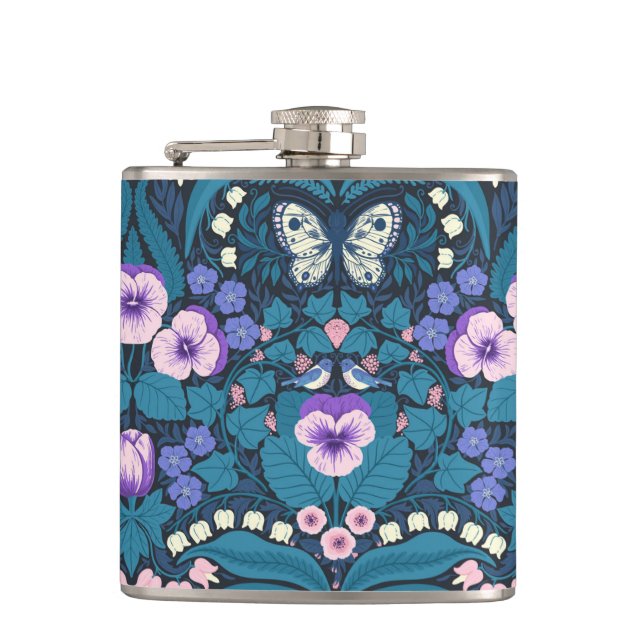 Pansies, birds and butterflies hip flask (Front)