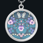Pansies, birds and butterflies silver plated necklace<br><div class="desc">Hand-painted garden wallpaper with pansies,  lilies,  bleeding hearts flowers,  leaves,  birds and butterflies. seamless pattern</div>