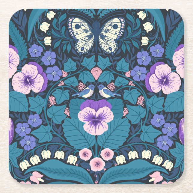 Pansies, birds and butterflies square paper coaster (Front)