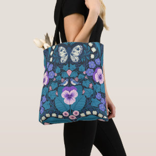 Pansies, birds and butterflies tote bag