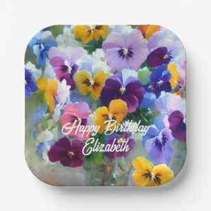 Pansies Happy Birthday Paper Plate
