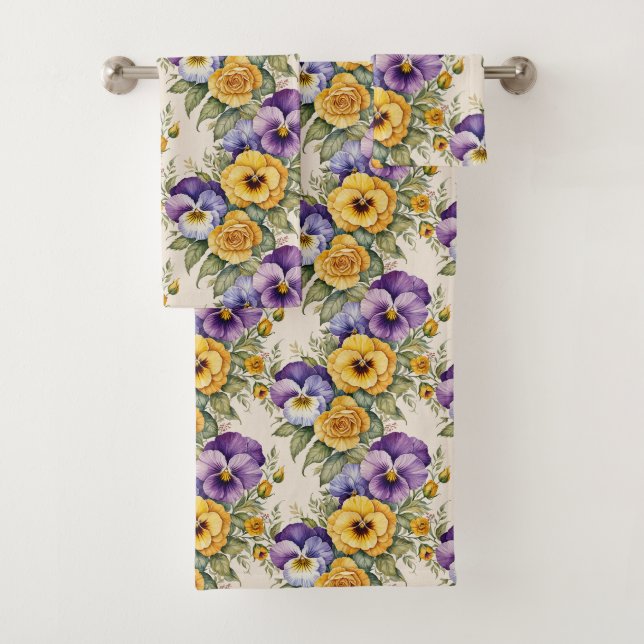 Pansies Modern Vintage Floral Bath Towel Set (Insitu)
